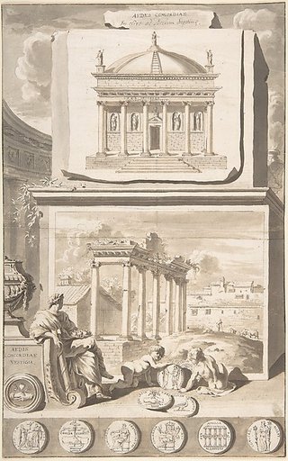 A Reconstruction of the Aedes Concordiae (above) and a View of the Ruins (below)