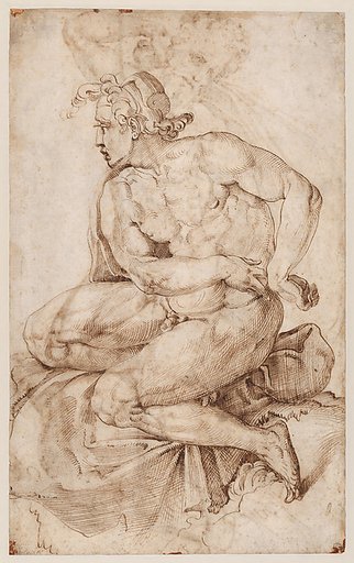 Seated Nude Youth, facing left (recto); Bearded Nude Male Figure in a Half-Kneeling Pose, Holding Drapery Behind his Back (verso)