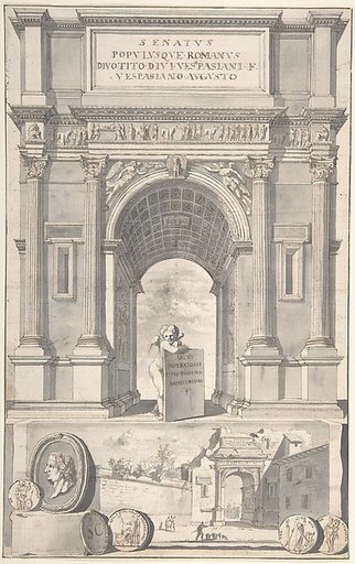 A Reconstruction of the Arch of Titus (above) and a View of the Ruins (below)