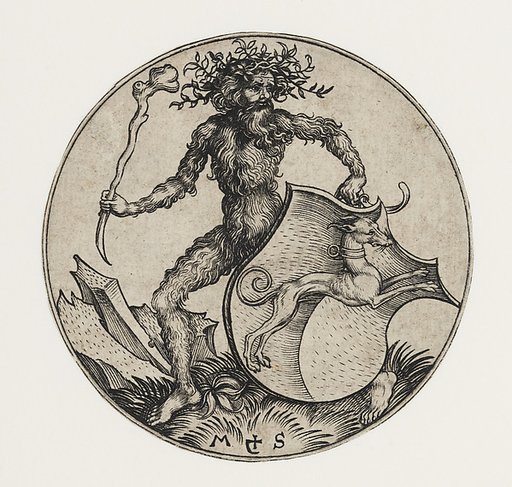 Shield with Greyhound Held by Wild Man