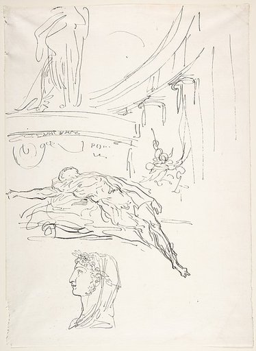 Sheet of studies, including a Roman head, a male figure on a pyre, and a colonnade.