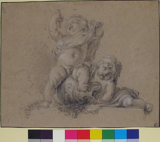 Two Putti, One Holding Aloft a Bunch of Grapes