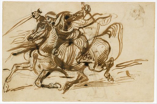 The Giaour on Horseback (recto); Study of a Woman with Head and Arms Thrown Back, and Study of the Head of an Old Man (verso)