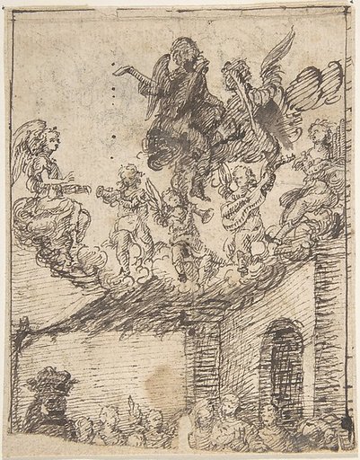 Fragment of Nativity Scene with Music-Making Angels on Clouds Above