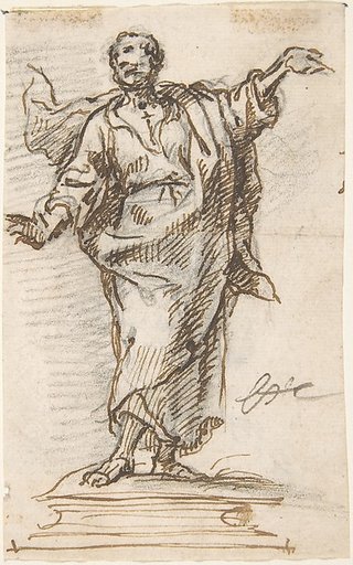 Male Saint (an Apostle?) Standing on a Pedestal with Arms Extended (recto); Standing or Kneeling Male Saint (verso)