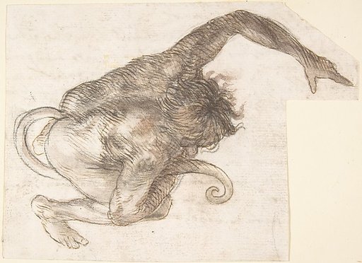 Figure of Fantastic Human-like Creature with Long Tail (recto); Fragment of a Letter or Document (verso)