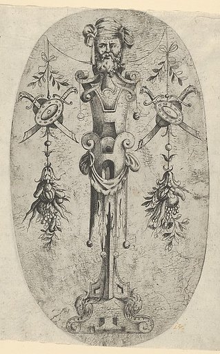 Male Terminal Figure; Head with Beard and Turban on a Three-
Quarter Strapwork Pedestal