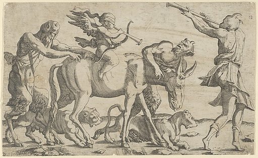 Cupid being led blindfolded on a donkey