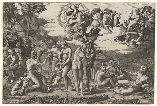 The Judgment of Paris: he is sitting at left with Venus, Juno and Pallas Athena, a winged victory above. In the upper section the Sun in his chariot preceeded by Castor and Pollux on horseback, at lower right two river gods and a naiad above whom Jupiter, an eagle, Ganymede, Diana and another goddes