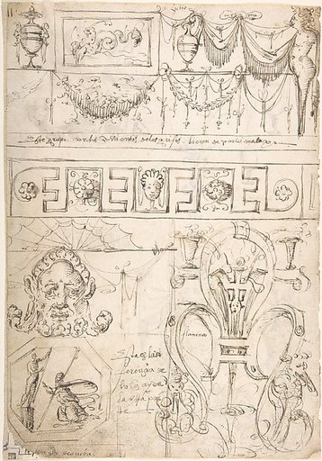 Three sections; uppermost with a Term and garlands; middle section geometric band; bottom section grotesques and strapwork (recto); Term with a marine creature and putto (verso)