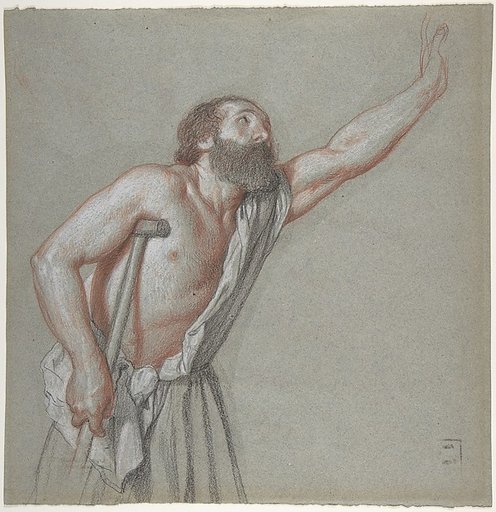 Man Leaning on a Crutch with Left Arm Raised