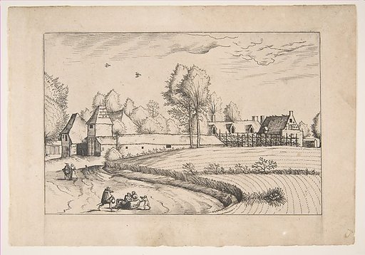 Country Houses, couple and cornfield in the foreground, from the series The Small Landscapes (Praediorum Villarum)