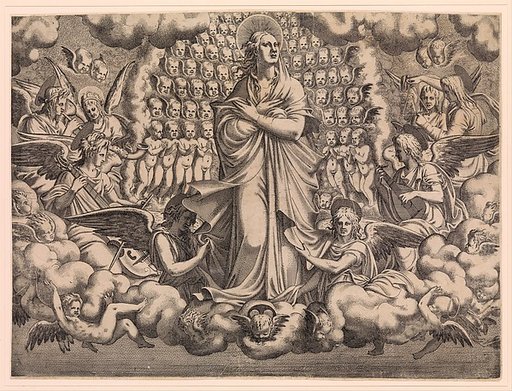 The Apostles looking at Christ and the Virgin in a Glory of Angels (top left plate)