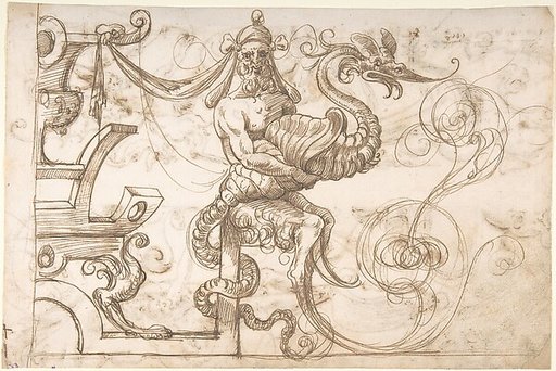 Satyr holding a fantastical creature (recto); Two candelabra grotesques (verso)