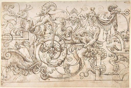 Grotesque panel with satyrs, herms, and strapwork (recto); winged creatures and strapwork (verso)