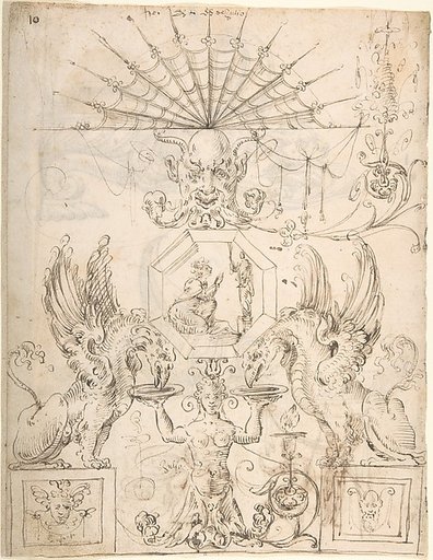Griffins, female grotesque, mask and figures (recto); two turtle-like creatures and a scene with figures (verso)