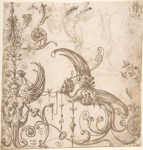 Female grotesque and harpy (recto); fantastical creatures and masks (verso)