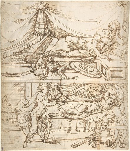 Two scenes; a reclining warrior above, sleeping cupid below (recto); grotesque niche with standing warrior (verso)