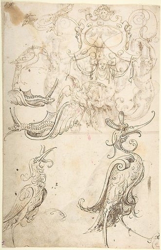 Fantastical creatures, birds, and strapwork cartouche (recto); grotesque mask and kneeling priest (verso)
