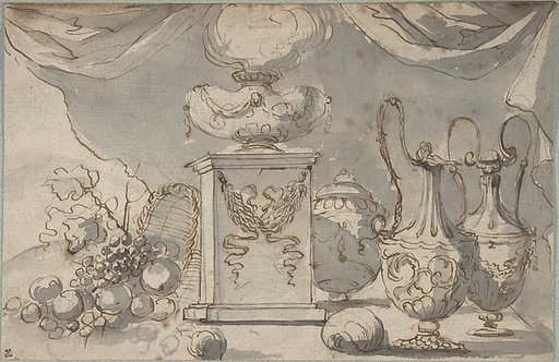 Still Life:  Vases, a Cassolette on a Pedestal, and an Overturned Basket of Fruit