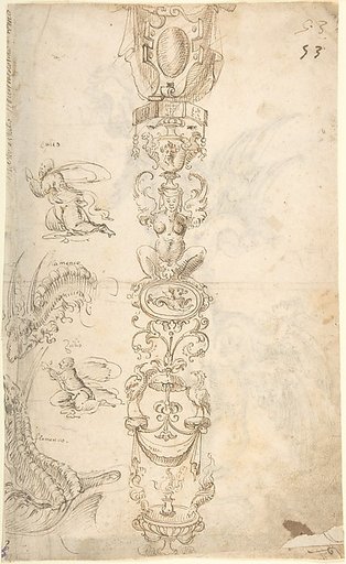 Candelabra grotesque and studies of kneeling figures (recto); two sphinxes (verso)