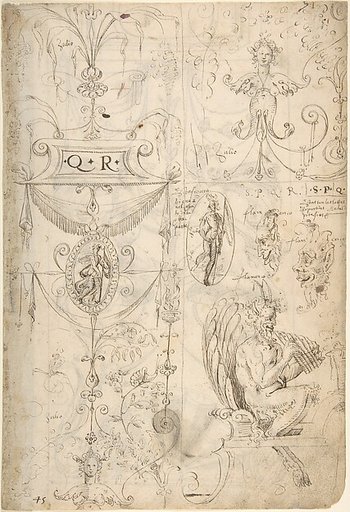 Grotesques Designs with Various Inscriptions (recto); Candelabra Grotesque and Two Putti Holding Flowers (verso)