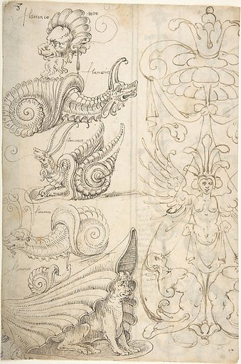 Flemish Grotesque Creatures and a Candelabra Grotesque (recto); Candelabra Grotesques with Mask (verso)