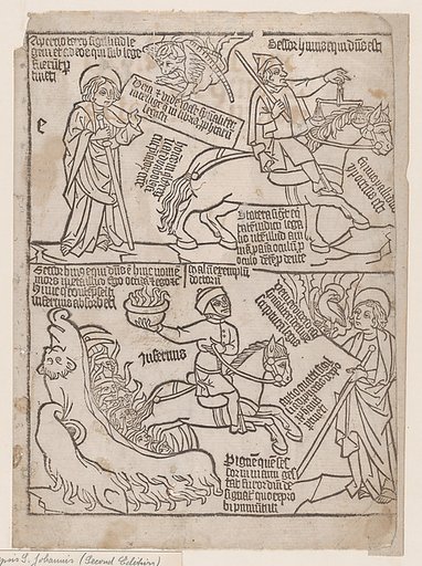 A Rider on a Black Horse with a Pair of Balances in His Hand; and A Pale Horse with Death as Its Rider, from an Apocalypse blockbook, 2nd edition