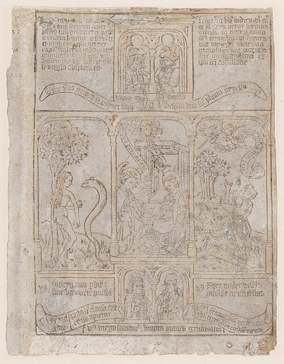 The Annunciation, flanked by Eve and the Serpent and Gideon's Fleece, from a "Biblia Pauperum" blockbook, third edition