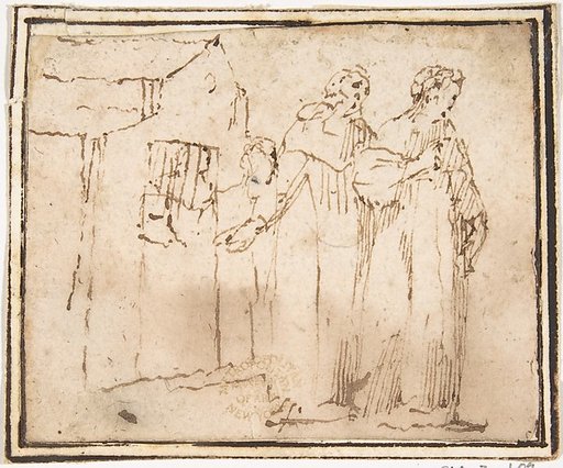 Two Monastic Figures Standing before a Church