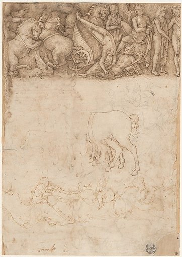 Studies after the Antique: The Fall of Phaëthon, Horses, Reclining Women with Children (recto); Studies after the Antique: An Altar or Urn, Lion Attacking a Horse (verso)