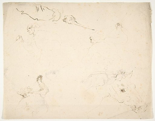 Figures in Battle and Head of a Horse (recto); Studies of a Man's Head and Arms (verso)
