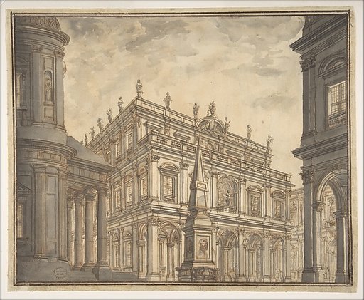 Design for a Stage Set: A Town Square with a Fountain