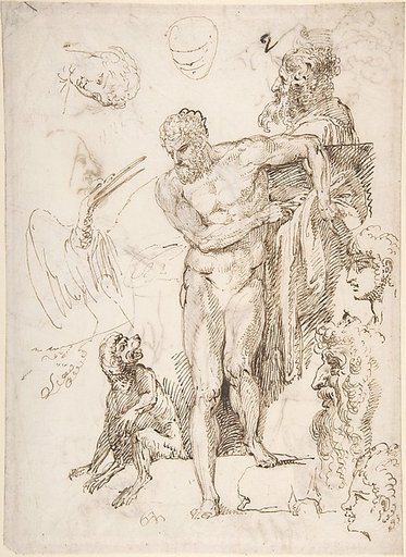 Studies and Sketches for Figures: Standing Male Nude in Frontal View, Male Heads, Seated Monkey, and a Long-Beaked Bird (a Stork?) (recto); Figure Studies:  Back View of Standing Male and Female Heads, a Flying Long-Beaked Bird, etc. (verso)
