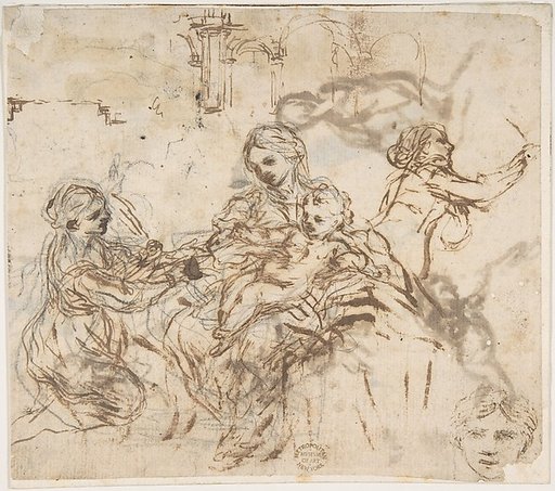 The Virgin and Child with Saint Martina, Another Study of Saint Martina, Studies of a Head, and of an Arcade (recto); Figure Studies (verso)