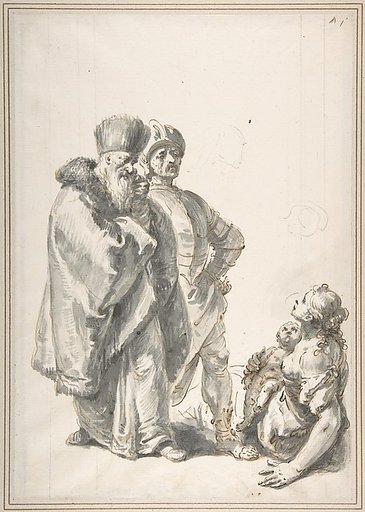 Two Standing Male Figures and Seated Woman with a Child