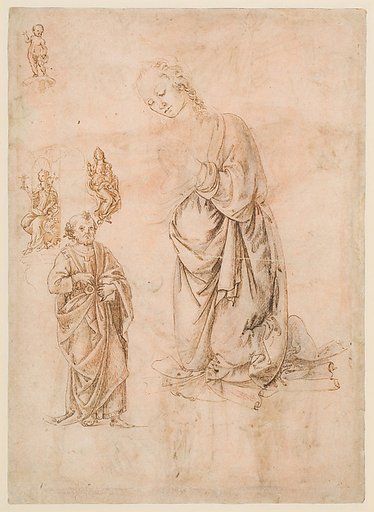Sketches of Figures of the Virgin Kneeling, Saint Peter Standing, Seated Allegorical Figures of Faith and Charity, and Child Standing on a Corbel (?) (recto); Sketches of Figures of Saint Sebastian Standing and the Virgin and Child with Angels (verso)