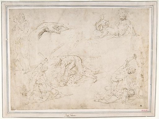 Figure Studies: Three Sketches of Cain Killing Abel, with an Altar of Sacrifice at Center, Two Standing Women, a Hand, and a Seated Child with a Squirrel
