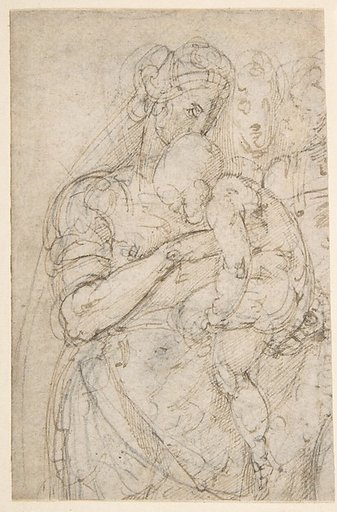 Standing Virgin with Child, Two Heads at Upper Right (recto); Sketch of Steps (verso)