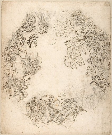 Design for a Ceiling Decoration: A Gathering of Mythological Figures (recto); Dancing Satyr and Two Seated Figures (verso)