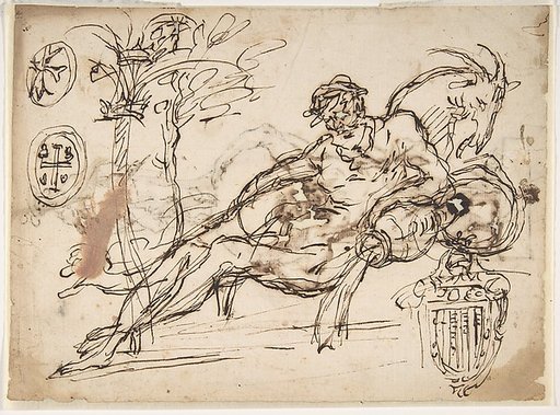Reclining River God, a Goat's Head, and Studies of Heraldic Emblems (recto); Cavalier Standing on a Globe Supported by a Kneeling Giant (verso)