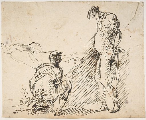 A Crouching Man Defecating and a Standing Man Urinating