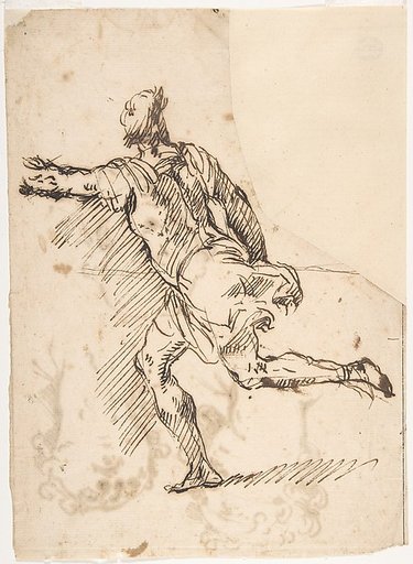Male Figure Running (recto); Three Pen Studies of Male Heads (verso)
