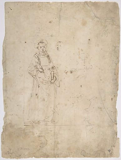 Standing Figure of Saint Stephen and the Head of Another Figure Within the Framing Outlines of a Rectangle, Crude Sketch of the Head of Another Figure, Undecipherable Sketch of a Polygonal or Circular Object with Small Projections