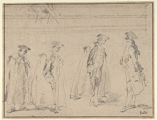 Figure Studies (recto); Figures Along a Canal and on a Bridge; to the right, a Curtain and a Stool (?) (verso)