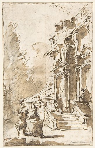 Architectural Capriccio: Garden Entrance to a Palace (recto); Three Masked and Costumed Figures and Other Figure Studies (verso)