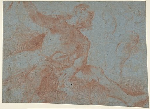Seated Old Man with Right Arm Upraised (Tithonus) (recto); Seated Nude Youth (figure of Day) (verso)