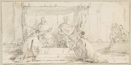 Illustration for a Book:  Two Monks Kneeling before a Doge and an Emperor (Doge Ziani and Emperor Barbarossa?)