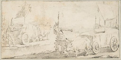 Illustration for a Book:  Soldiers Driving Ox Carts with Banners