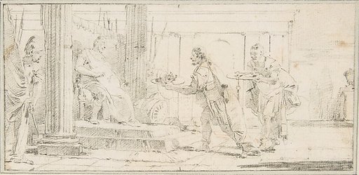 Illustration for a Book:  Soldiers Offering the Decapitated Head of a Man and Keys to a General